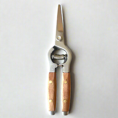 Redwood Garden Snips with deep redwood handles, drop-forged stainless steel blades, and brass pins.