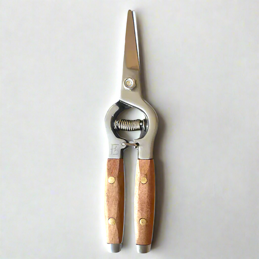 Redwood Garden Snips with deep redwood handles, drop-forged stainless steel blades, and brass pins.