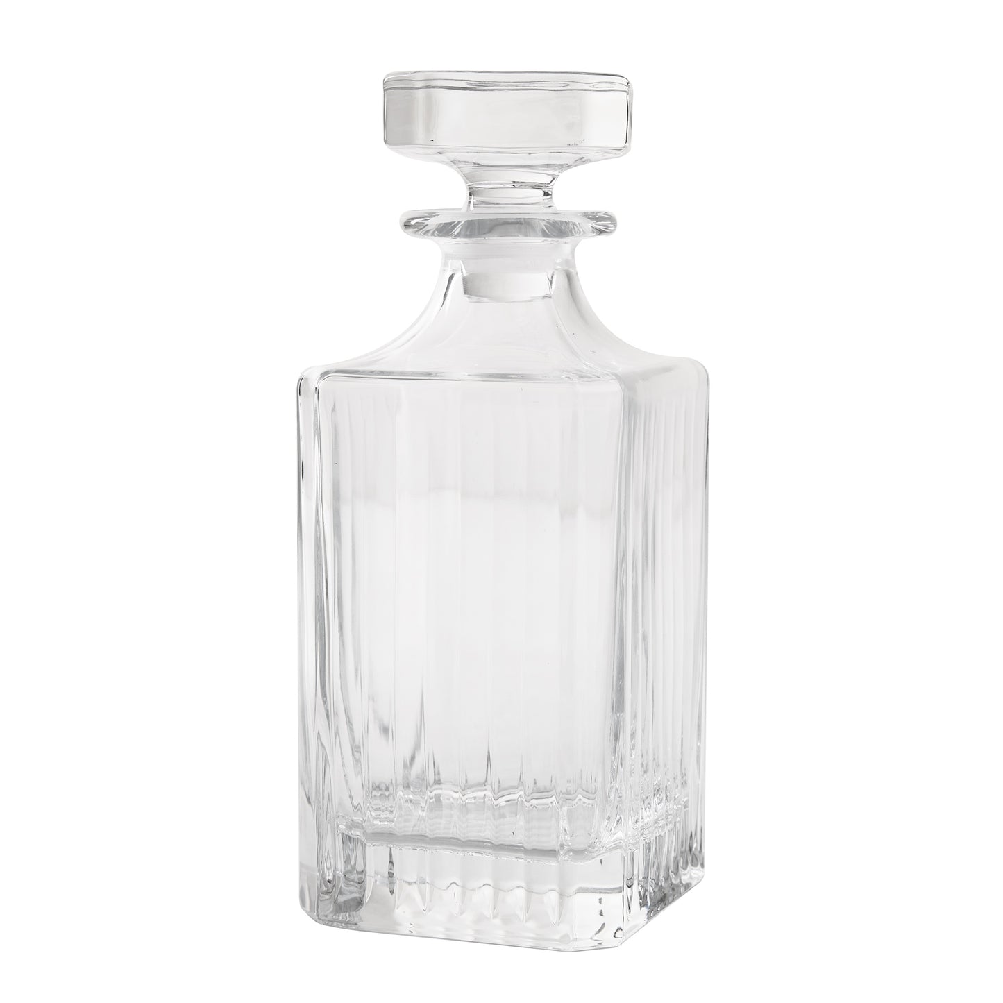 Regent Eco-Crystal Decanter, clear lead-free crystal, square base, vertical ribbed design, rectangular stopper.