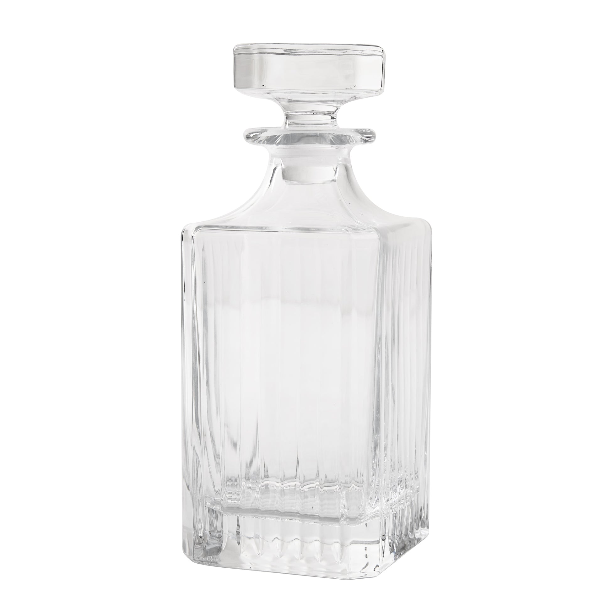 Regent Eco-Crystal Decanter, clear lead-free crystal, square base, vertical ribbed design, rectangular stopper.