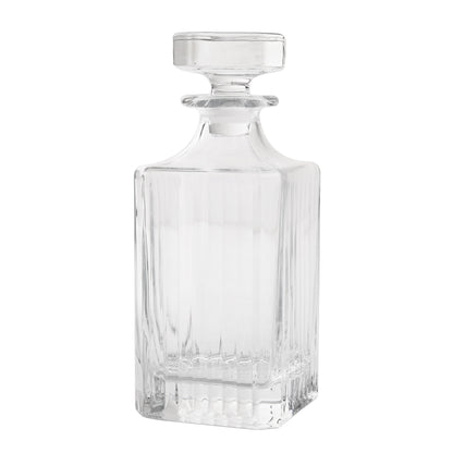 Regent Eco-Crystal Decanter, clear lead-free crystal, square base, vertical ribbed design, rectangular stopper.