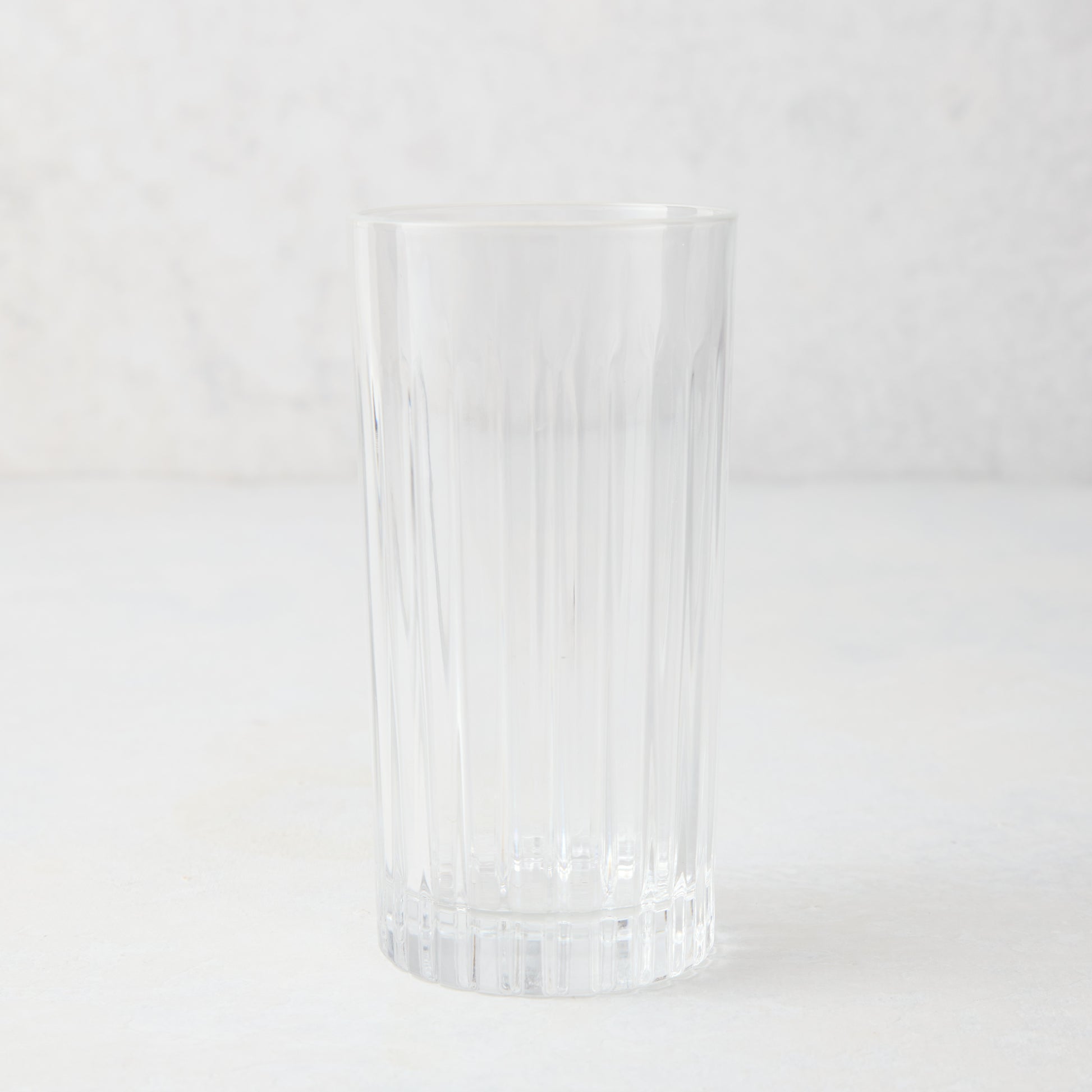 Regent Eco-Crystal High Ball Glass, clear lead-free crystal, 6"H, with vertical ridges.