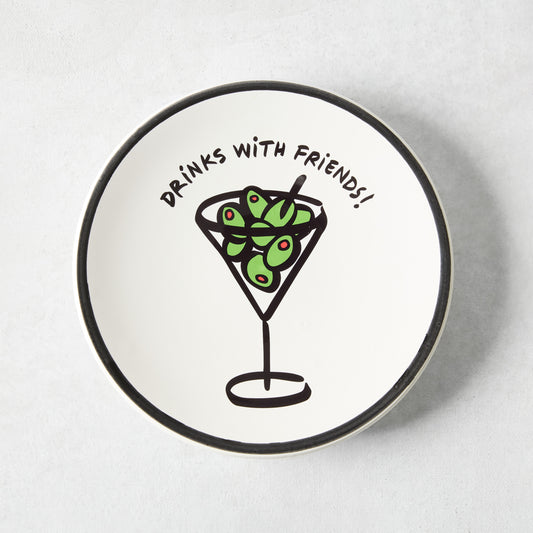 White ceramic appetizer plate with a hand-painted martini glass, green olives, and Drinks with Friends text, black rim.