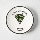 White ceramic appetizer plate with a hand-painted martini glass, green olives, and Drinks with Friends text, black rim.