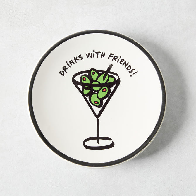 White ceramic appetizer plate with a hand-painted martini glass, green olives, and Drinks with Friends text, black rim.
