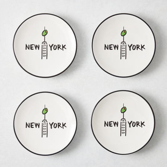 Set of four white appetizer plates with black rims, featuring a hand-painted Empire State Building, olive, and New York text.