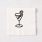 White 5.5-inch 3-ply paper cocktail napkin with a black line-drawn martini glass and red-striped candy cane illustration.