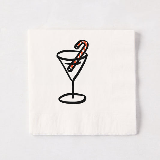 White 5.5-inch 3-ply paper cocktail napkin with a black line-drawn martini glass and red-striped candy cane illustration.