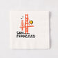 White 5.5-inch square paper cocktail napkin with a red Golden Gate Bridge illustration and San Francisco text.