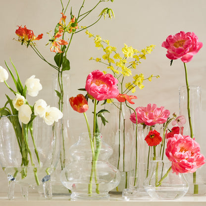 Clear, tall Robert Glass Vase with a slender shape, showcasing various colorful flowers.