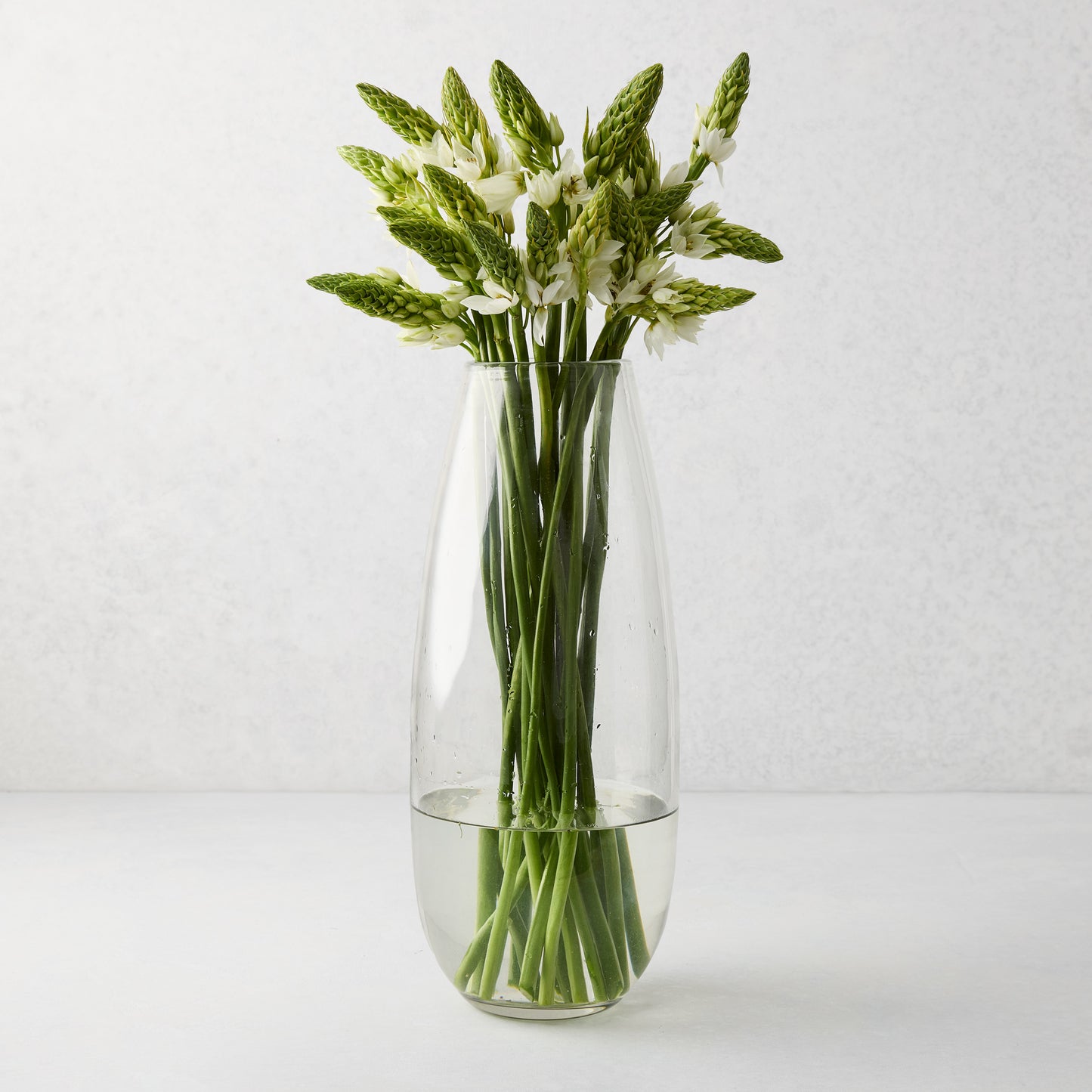 Tall, slender clear mouth-blown glass Robert Vase with green and white flowers.