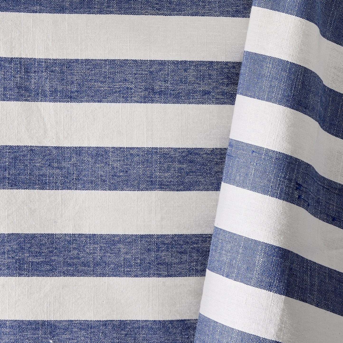Rockport Blue Stripe Cotton Tablecloth with Green Trim, 108"L x 70"W, white and blue stripes.