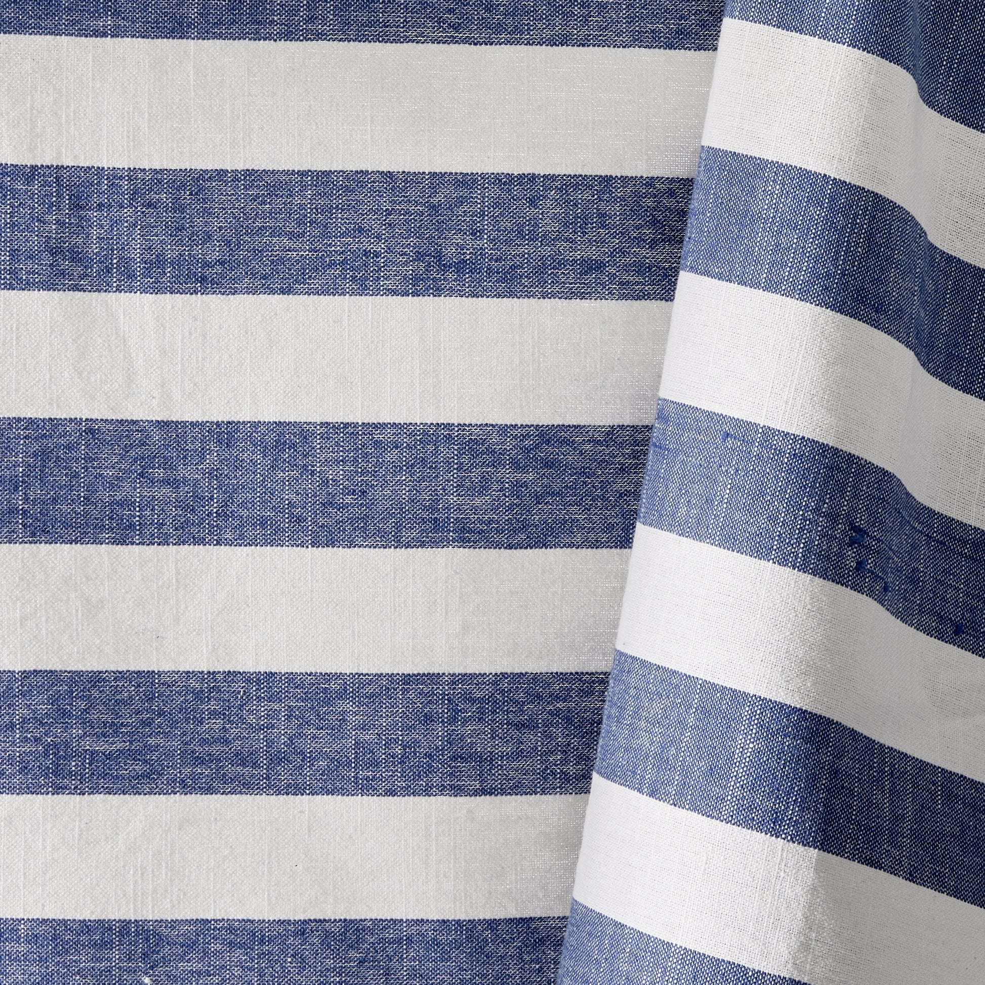Rockport Blue Stripe Cotton Tablecloth with Green Trim, 108"L x 70"W, white and blue stripes.