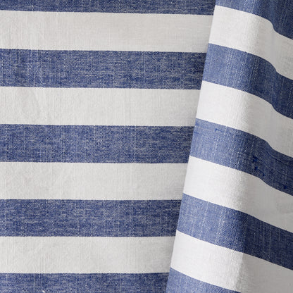 Rockport Blue Stripe Cotton Tablecloth with Green Trim, 108"L x 70"W, white and blue stripes.