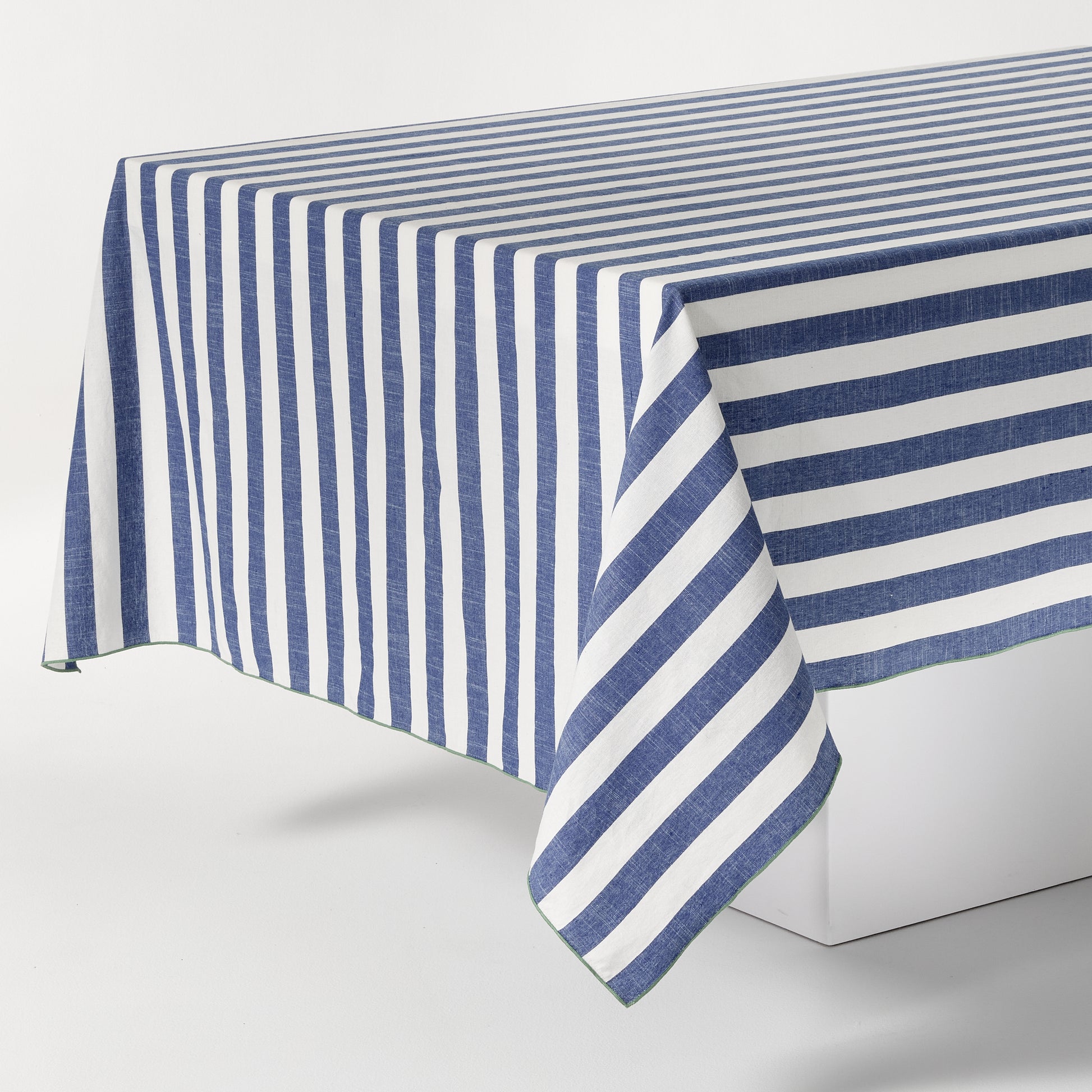 Rockport Blue Stripe Cotton Tablecloth with Green Trim, 108"L x 70"W.