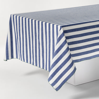 Rockport Blue Stripe Cotton Tablecloth with Green Trim, 108"L x 70"W.