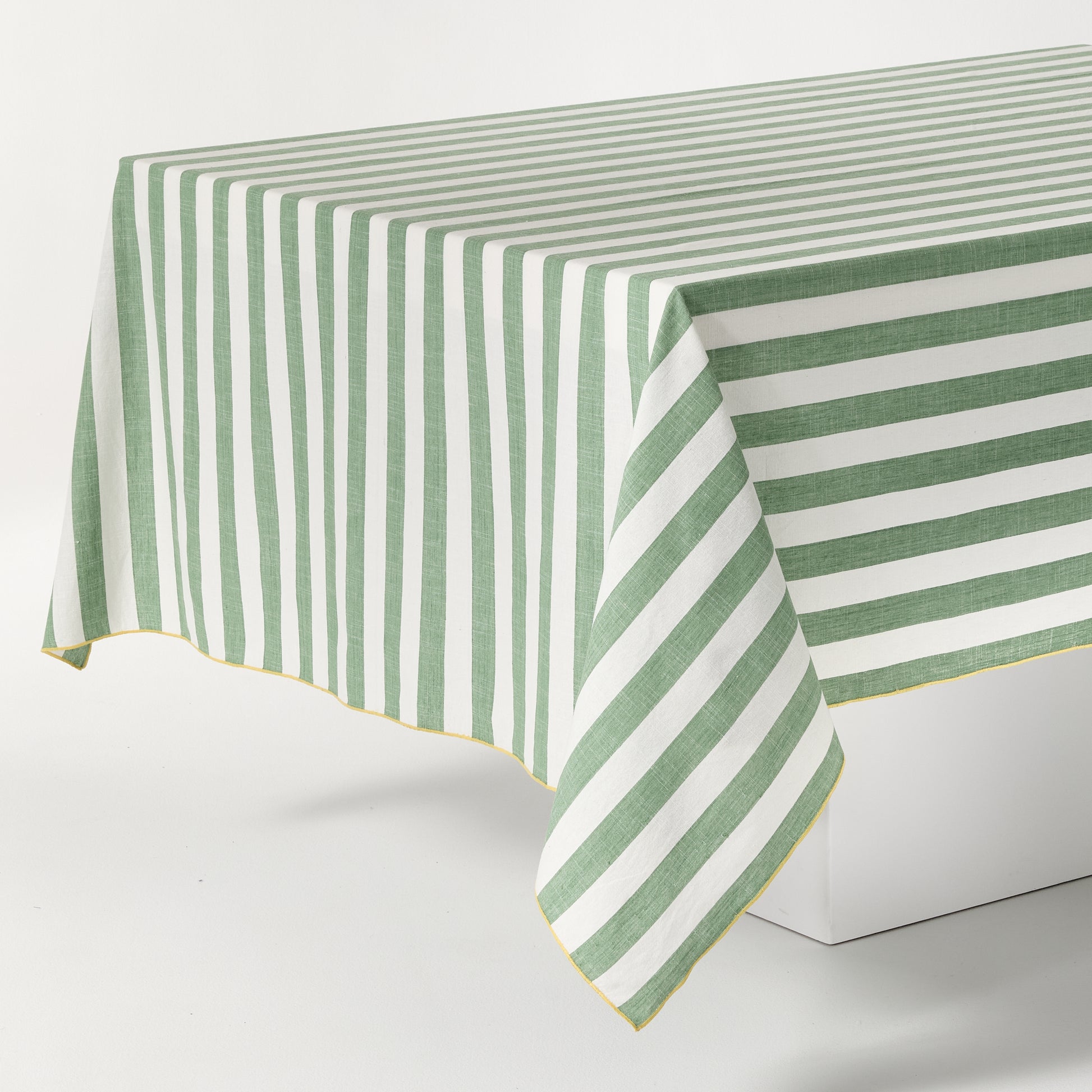 Rockport Green Stripe Cotton Tablecloth with Yellow Trim, 108"L x 70"W.