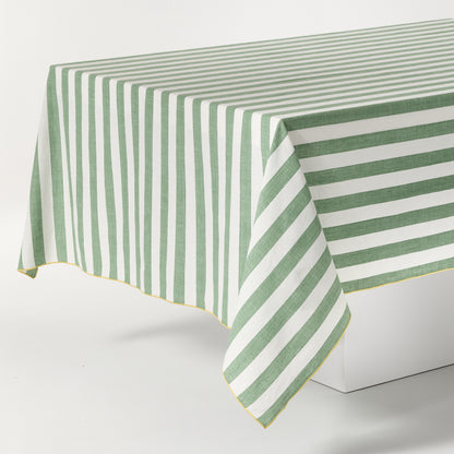 Rockport Green Stripe Cotton Tablecloth with Yellow Trim, 108"L x 70"W.