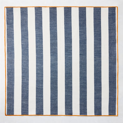 Rockport Navy Blue Stripe Cotton Napkin with Orange Trim, 22" Square.