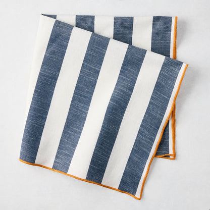 Rockport Navy Blue Stripe Cotton Napkin with Orange Trim, 22" Square.