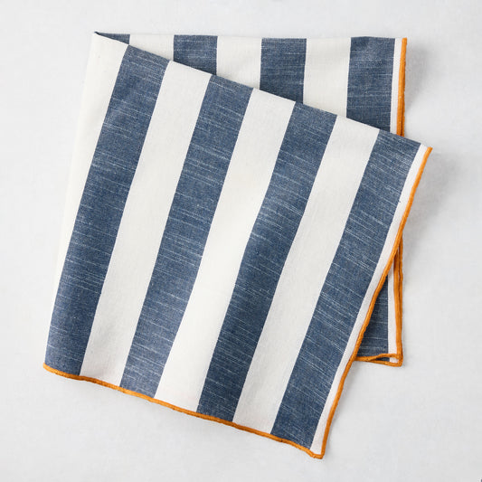 Rockport Navy Blue Stripe Cotton Napkin with Orange Trim, 22" Square.