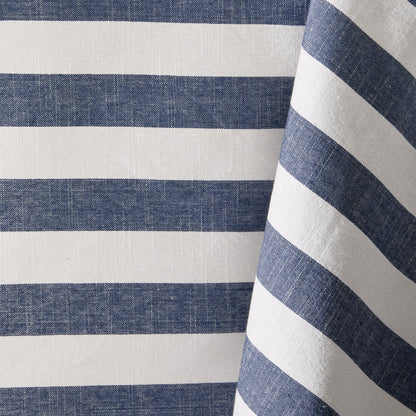 Rockport Navy Blue Stripe Cotton Tablecloth with Orange Trim, featuring white and navy stripes.