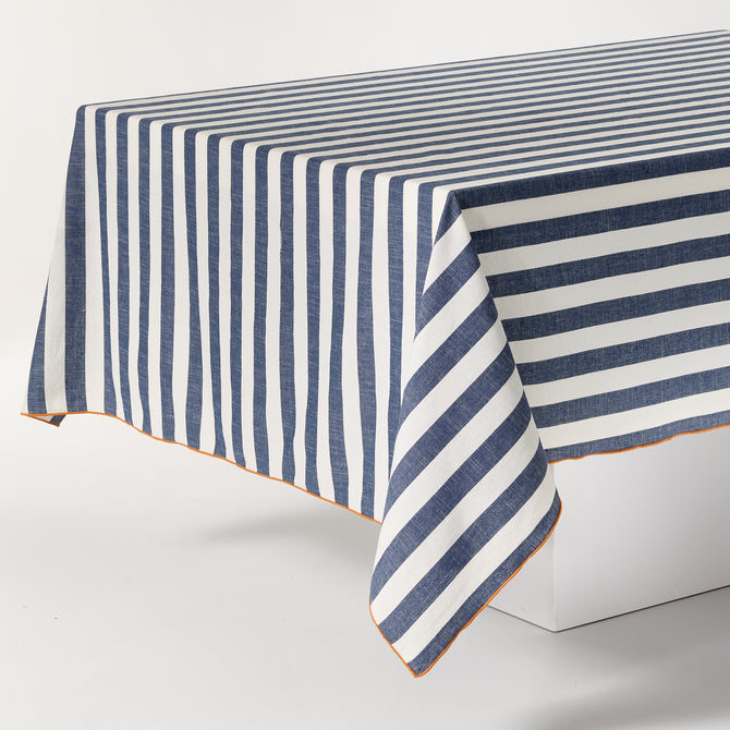 Rockport Navy Blue Stripe Cotton Tablecloth with Orange Trim, 108"L x 70"W.