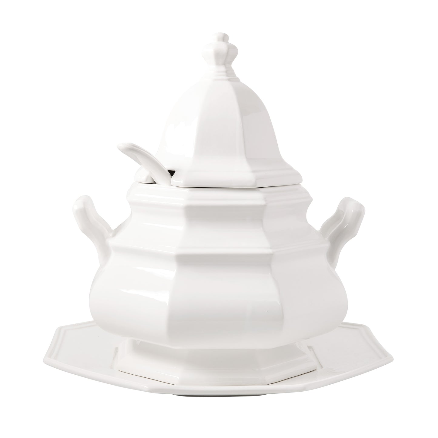 White ceramic Roma soup tureen with lid, spoon, and matching octagonal base. 14"H, 1 gallon capacity.
