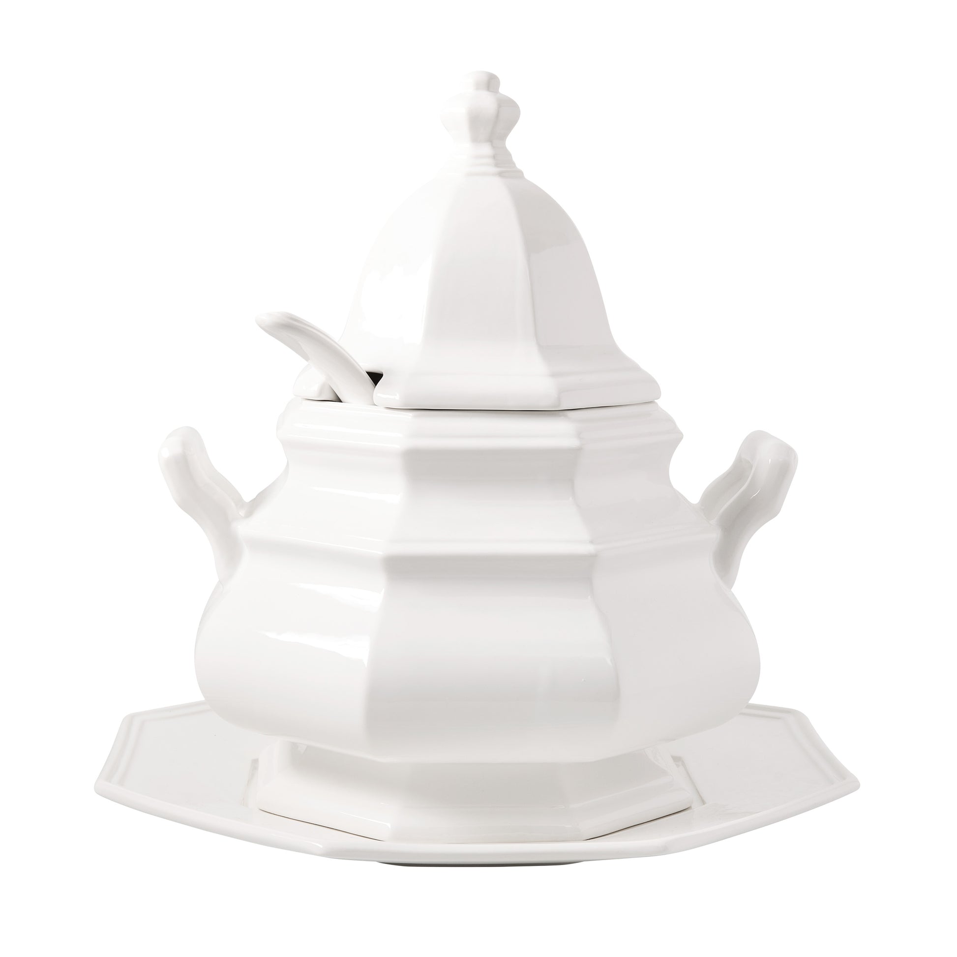 White ceramic Roma soup tureen with lid, spoon, and matching octagonal base. 14"H, 1 gallon capacity.