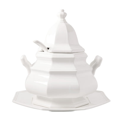 White ceramic Roma soup tureen with lid, spoon, and matching octagonal base. 14"H, 1 gallon capacity.