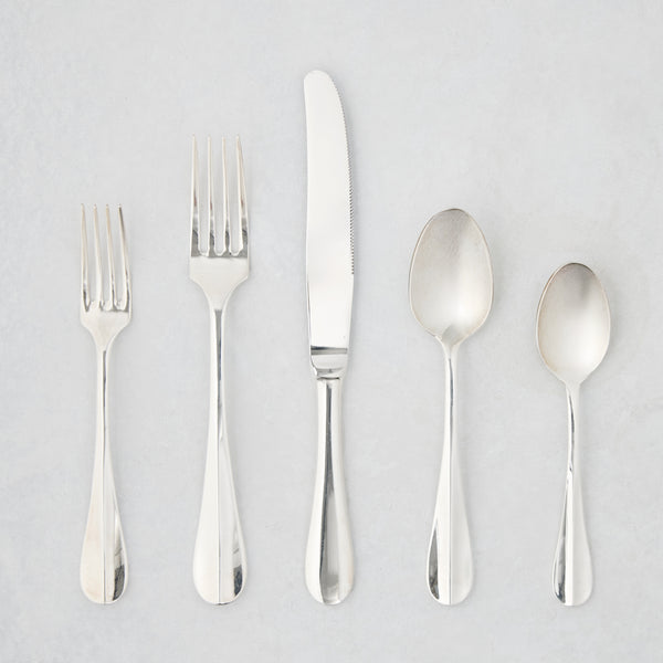 Roma Hotel silverplate 5-piece flatware set with Neo-Baroque style, including forks, knife, and spoons.