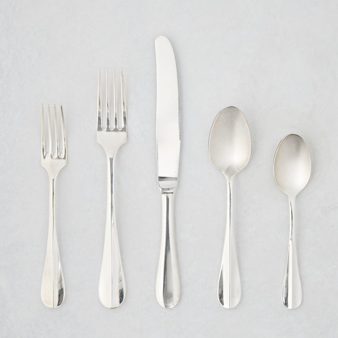 Roma Hotel silverplate 5-piece flatware set with Neo-Baroque style, including forks, knife, and spoons.