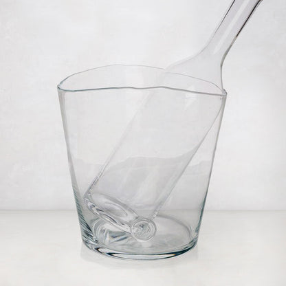 Clear mouth-blown glass Romeo Scissor-Cut Wine Carafe, 17.5"H, with a unique angled rim.