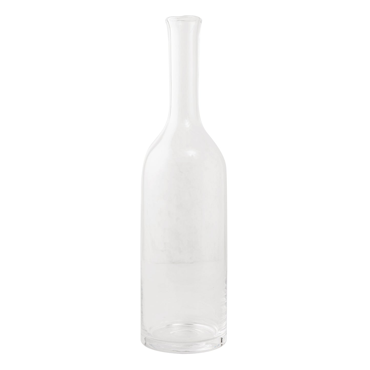 Romeo Scissor-Cut Glass Wine Carafe, tall clear mouth-blown glass with narrow neck and hand-sheared rim.