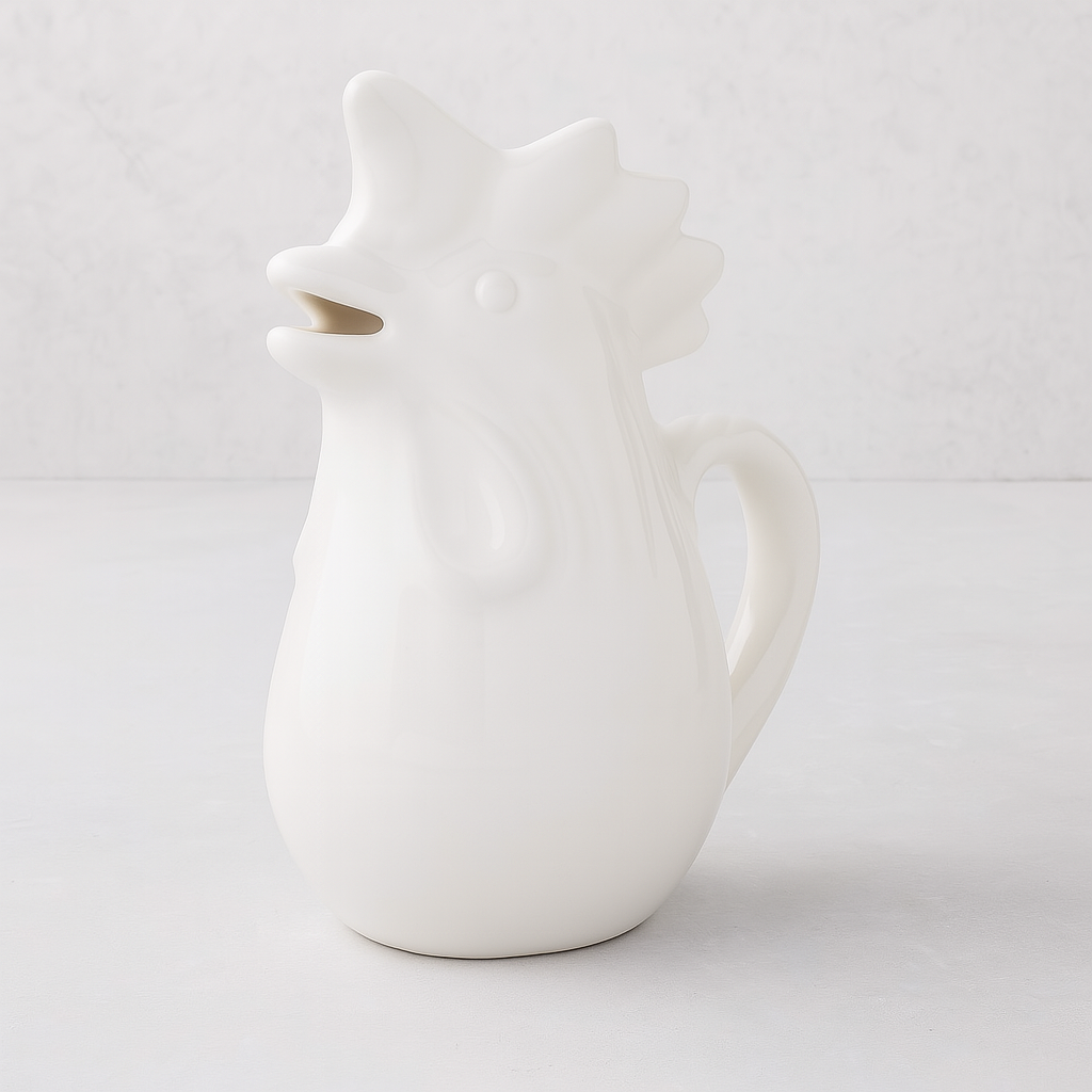 White ceramic rooster pitcher with a handle and open beak spout.