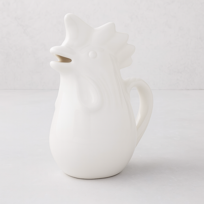 White ceramic rooster pitcher with a handle and open beak spout.