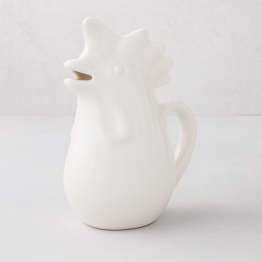 White ceramic rooster pitcher with a handle and open beak spout.
