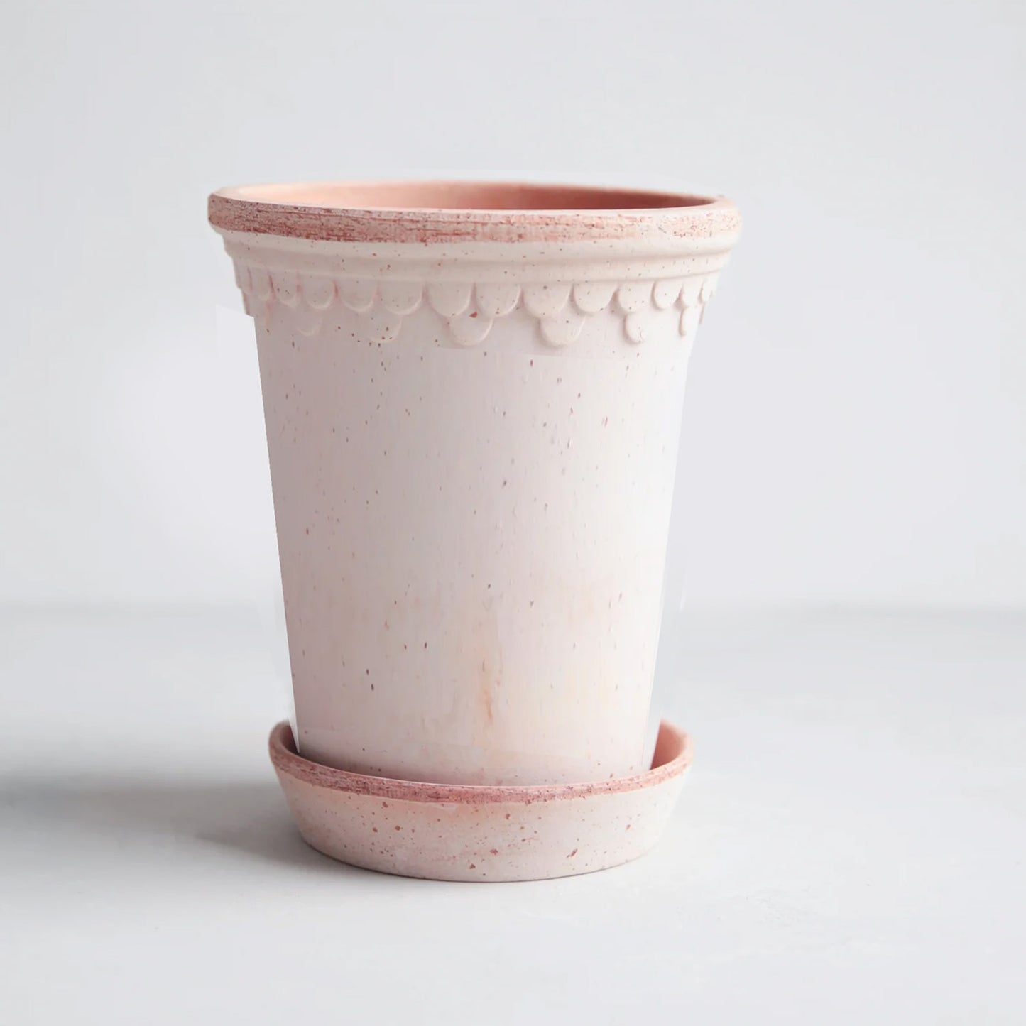 Rosa Terracotta Tall Pot and Saucer, 7.1" x 9.4", with delicate scalloped detailing.