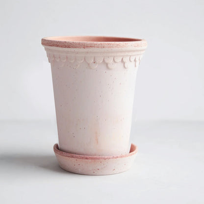 Rosa Terracotta Tall Pot and Saucer, 7.1" x 9.4", with delicate scalloped detailing.