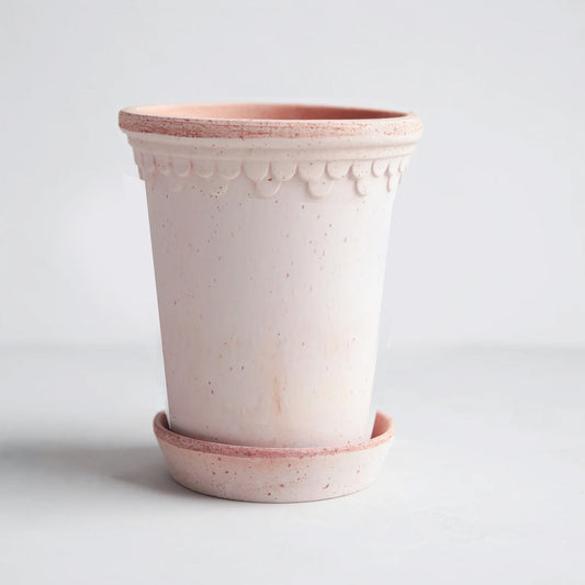 Rosa Terracotta Tall Pot and Saucer, 7.1" x 9.4", with delicate scalloped detailing.