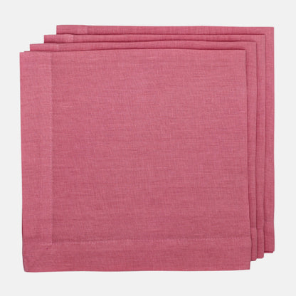 Stack of three Rosy HG hand-dyed 22" square linen napkins with mitered corners.