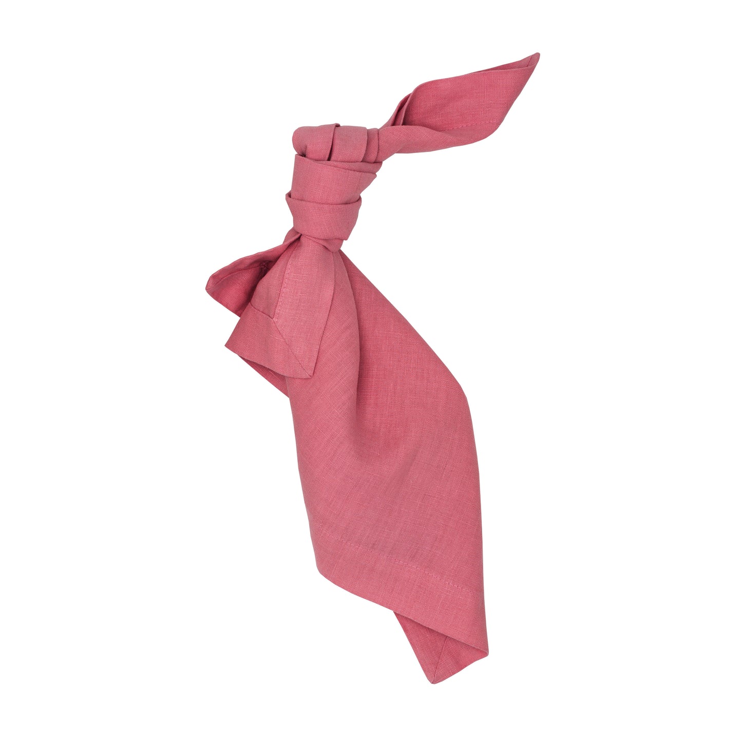 Rosy HG hand-dyed 22" linen napkin, tied in a knot, on a white background.