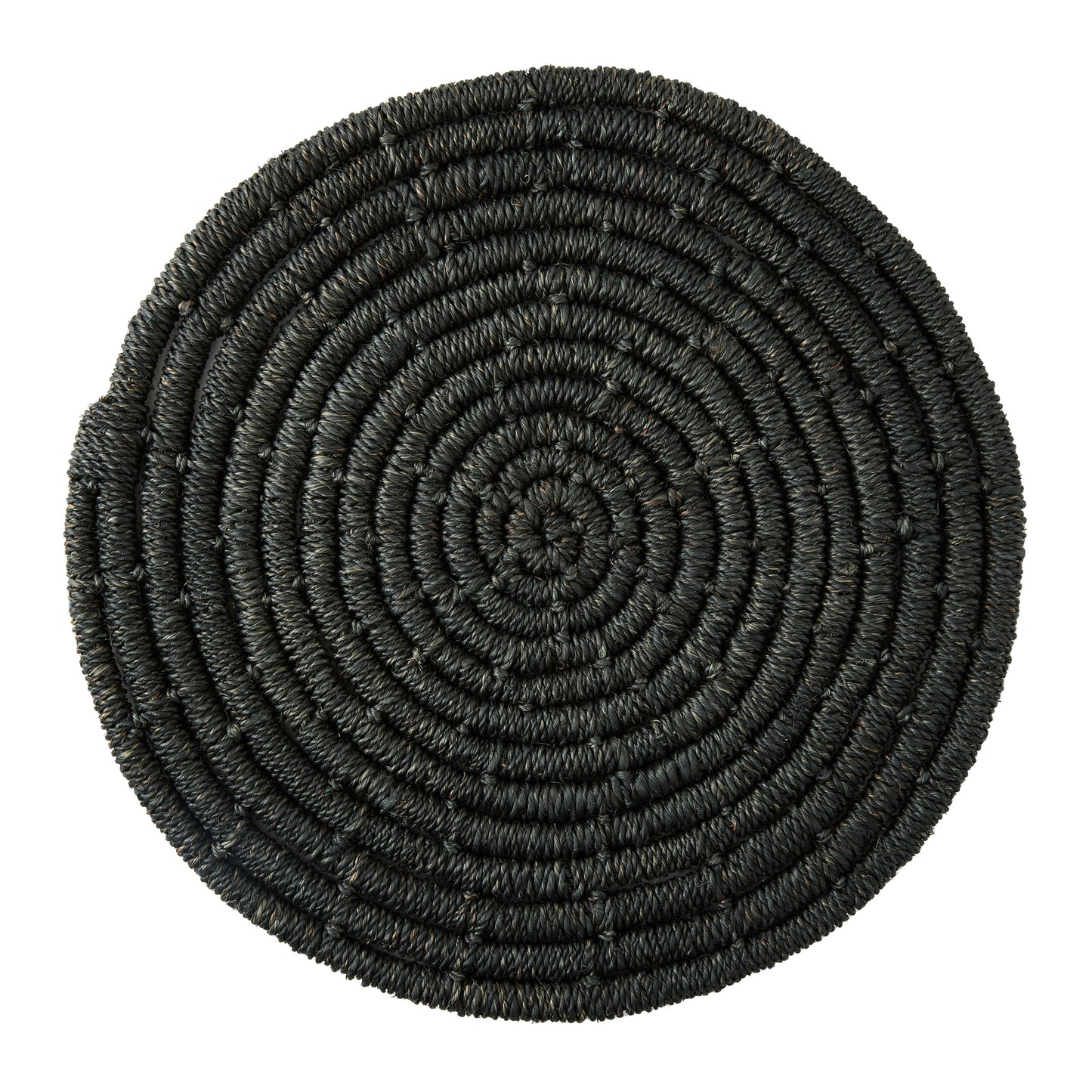 Round black woven abaca placemat, 15" diameter, with a spiral texture.