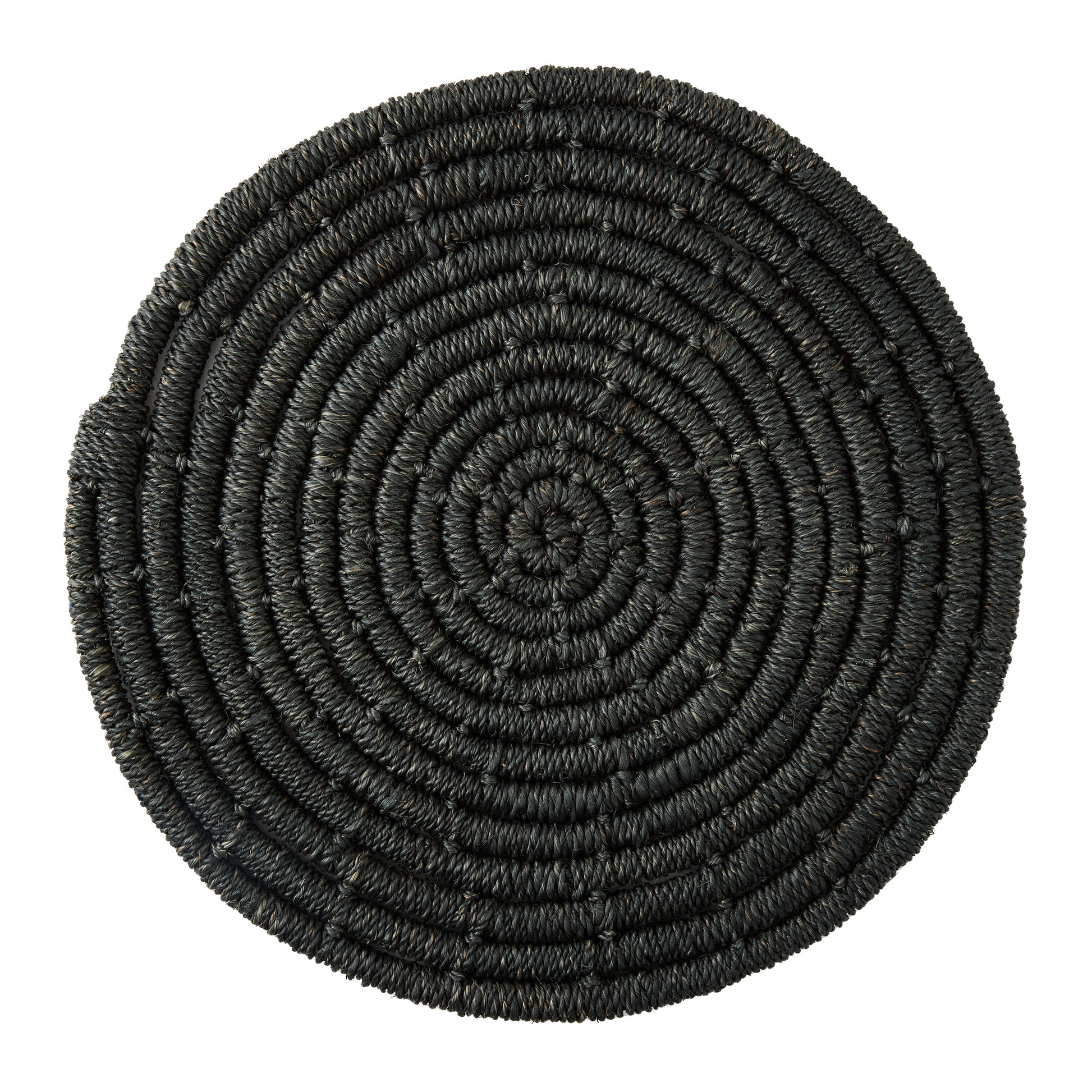 Round black woven abaca placemat, 15" diameter, with a spiral texture.