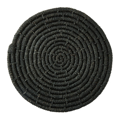 Round black woven abaca placemat, 15" diameter, with a spiral texture.