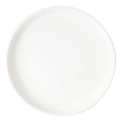 Round white ceramic bar tray with a smooth glazed finish and low edges, 17.72 inches in diameter.