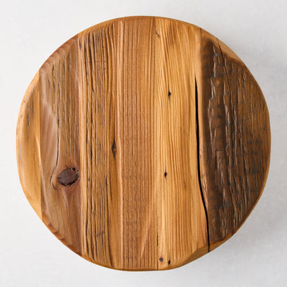 Round reclaimed pine wood footed trivet, 10"Dia, with natural grain and knots.