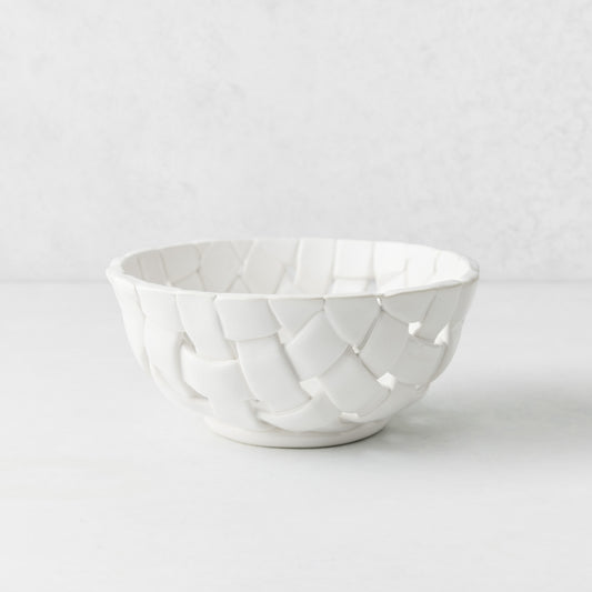 Round white ceramic bread basket with a woven design, 8.86-inch diameter, handmade in Italy.