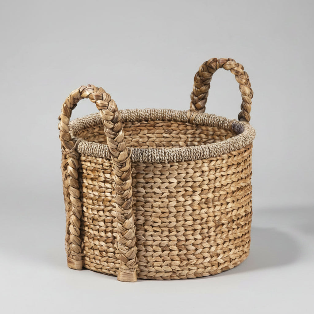 Round woven water hyacinth basket with braided handles.