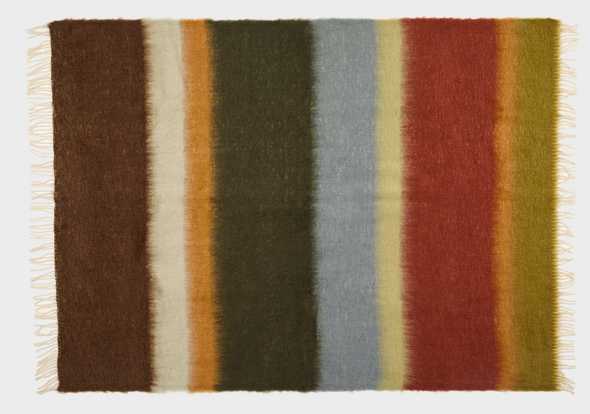Handwoven mohair throw in rust, green, blue, and brown vertical stripes with fringed edges, 79x51 inches.